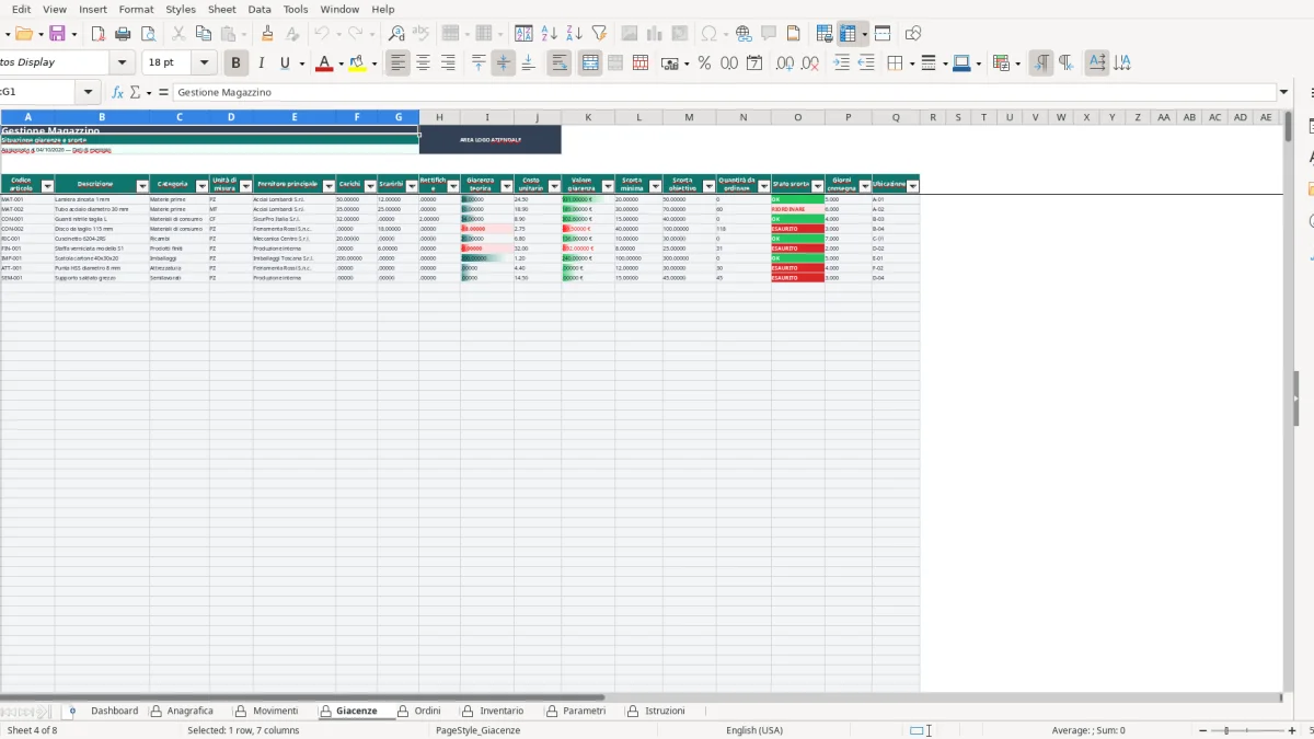 Screenshot 4: Giacenze tab - Excel template gestione magazzino excel