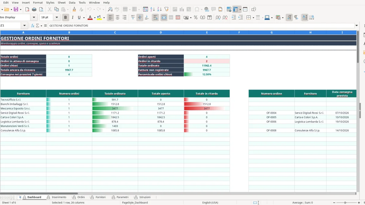 Screenshot 1: Dashboard tab - Excel template gestione ordini fornitori excel