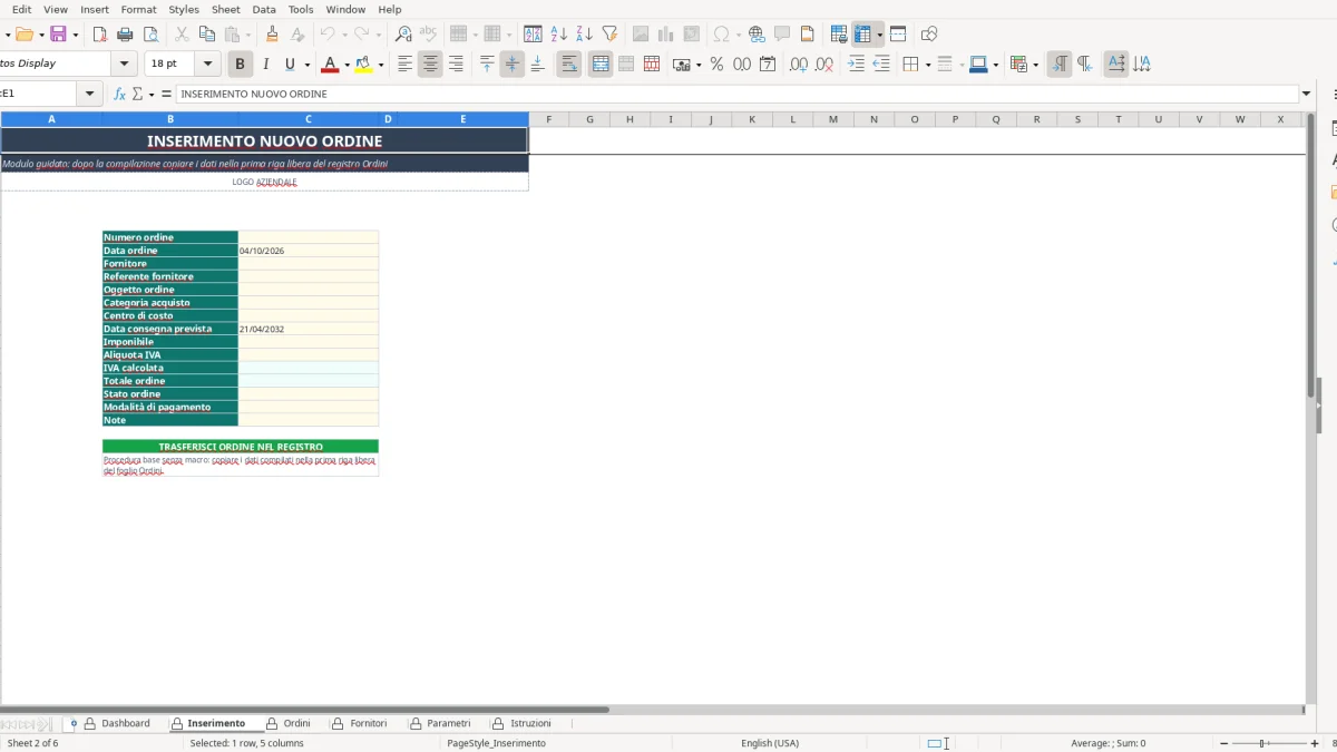 Screenshot 2: Inserimento tab - Excel template gestione ordini fornitori excel