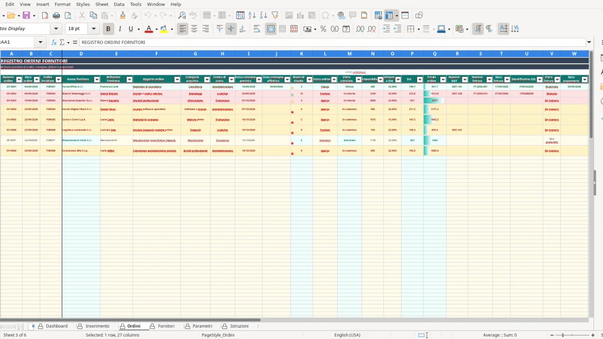 Screenshot 3: Ordini tab - Excel template gestione ordini fornitori excel