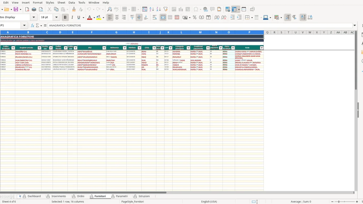 Screenshot 4: Fornitori tab - Excel template gestione ordini fornitori excel
