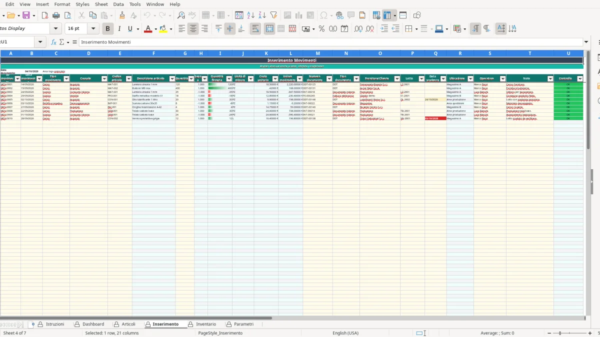 Screenshot 3: Articoli tab - Excel template inventario magazzino excel