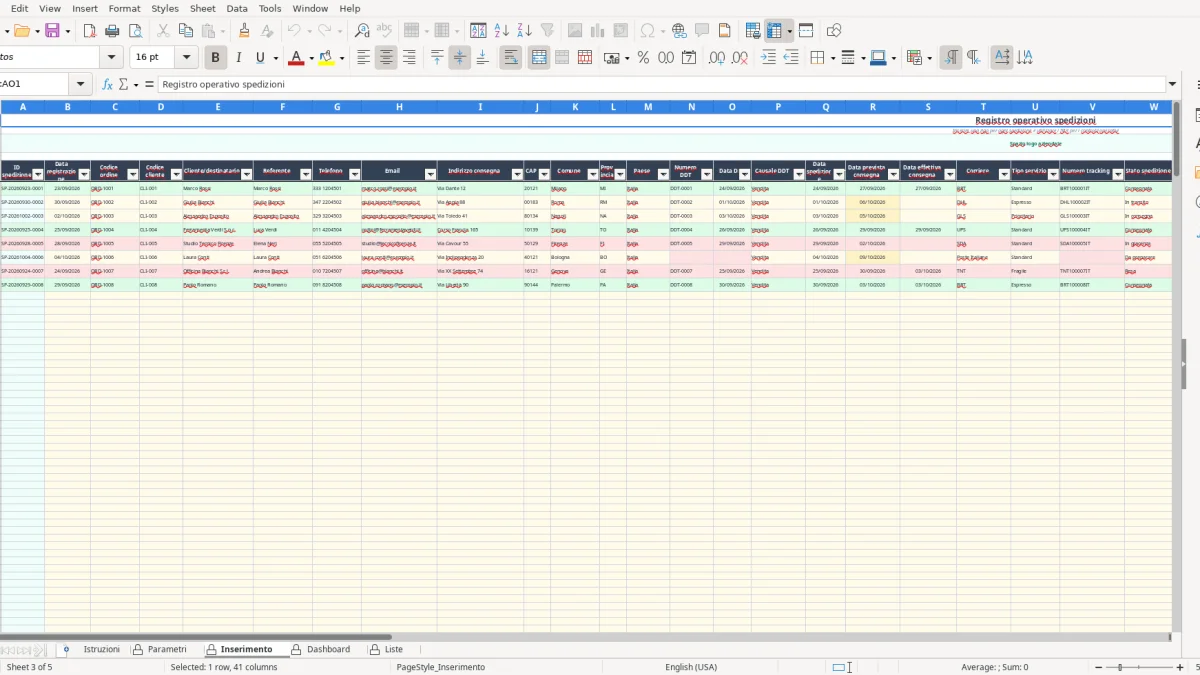 Screenshot 1: Istruzioni tab - Excel template registro spedizioni excel