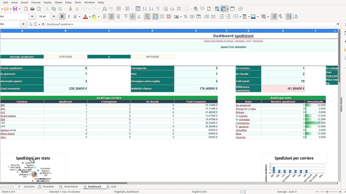 Screenshot 2: Parametri tab - Excel template registro spedizioni excel