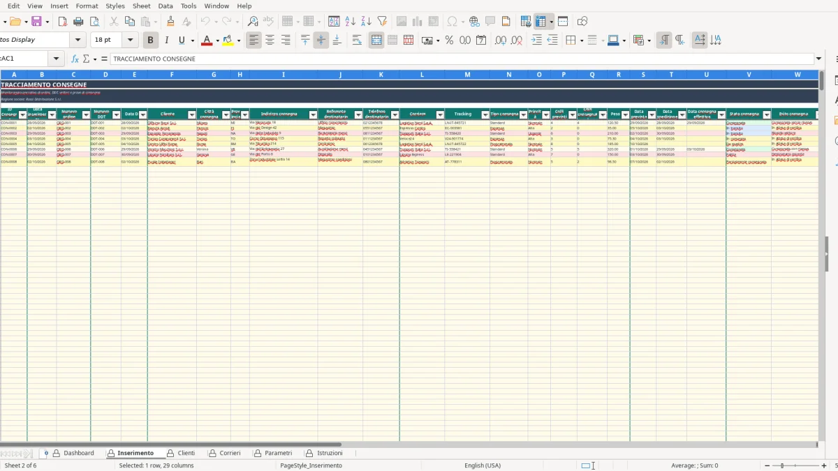 Screenshot 2: Inserimento tab - Excel template tracciamento consegne excel