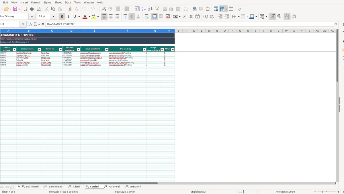 Screenshot 4: Corrieri tab - Excel template tracciamento consegne excel